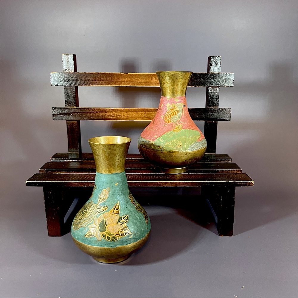 Set Of 2 Small Vintage Indian Brass Cloisonne Vases
